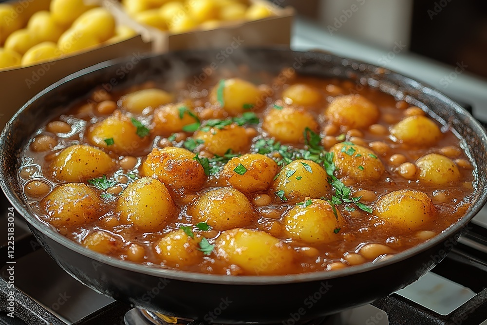 A hearty stew of potatoes and beans simmered to perfection and garnished with fresh herbs A hearty stew of potatoes and beans simmered to perfection and garnished with fresh herbs