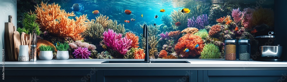 Obraz premium Vibrant coral reef scene backsplash in modern kitchen. Perfect for home decor, interior design, and kitchen renovation projects.