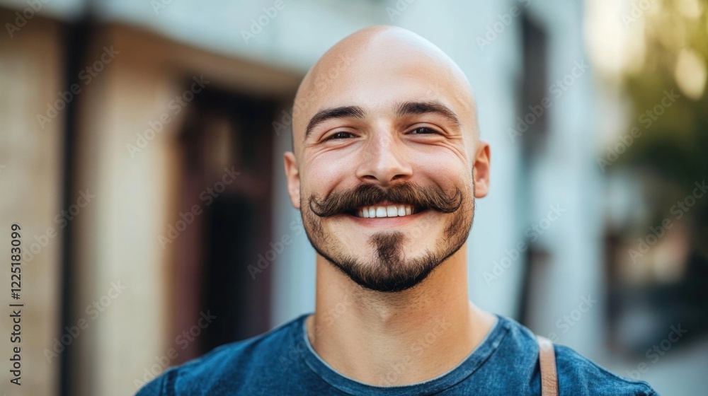 Smiling bald man with a mustache wearing a blue shirt outdoors with blurred background and ample copy space Smiling bald man with a mustache wearing a blue shirt outdoors with blurred background and ample copy space