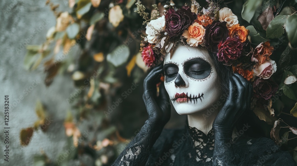 Gothic woman with skull makeup wearing floral crown surrounded by foliage and flowers in dark color palette with Copy Space Gothic woman with skull makeup wearing floral crown surrounded by foliage and flowers in dark color palette with Copy Space