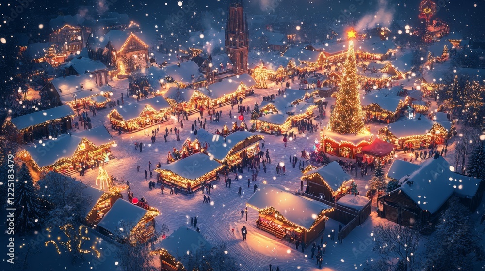 Fototapeta premium Isometric snowy Christmas market in Vienna with glowing lights and festive stalls