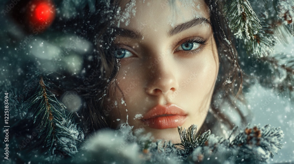 Close-up portrait of a young woman with striking blue eyes surrounded by snowy evergreen branches with soft snowfall and blurred background. Close-up portrait of a young woman with striking blue eyes surrounded by snowy evergreen branches with soft snowfall and blurred background.