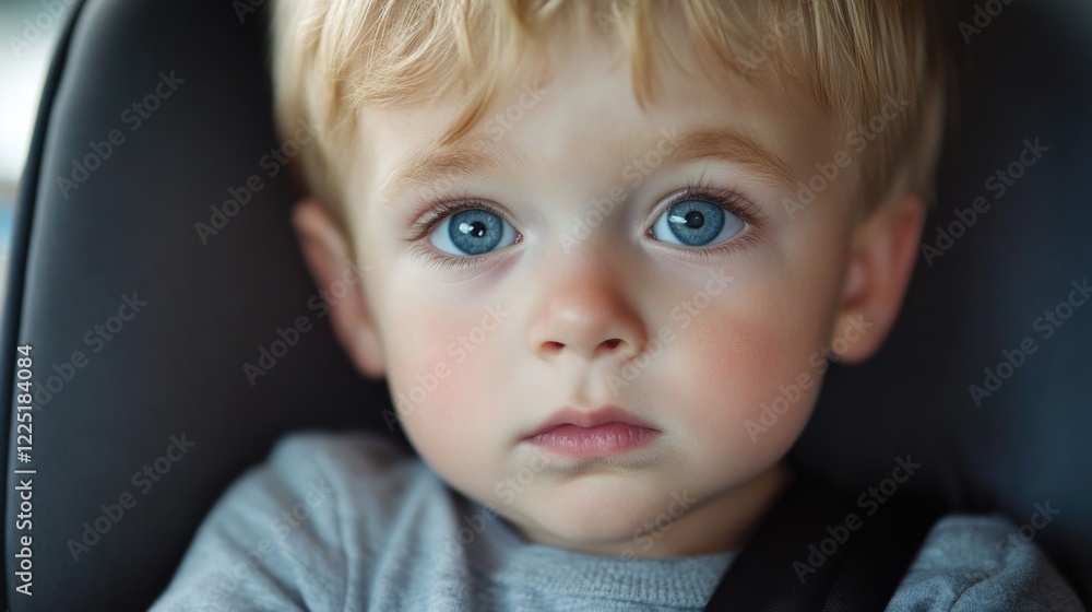 Portrait of young child with blue eyes sitting in a car seat looking directly at the camera with a serious expression Portrait of young child with blue eyes sitting in a car seat looking directly at the camera with a serious expression