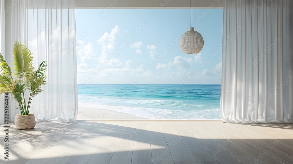 Modern interior showcases ocean view through window with flowing white sheer curtains. Pendant lamps and white windowsill complement coastal design, creating serene atmosphere with natural daylight. Modern interior showcases ocean view through window with flowing white sheer curtains. Pendant lamps and white windowsill complement coastal design, creating serene atmosphere with natural daylight.