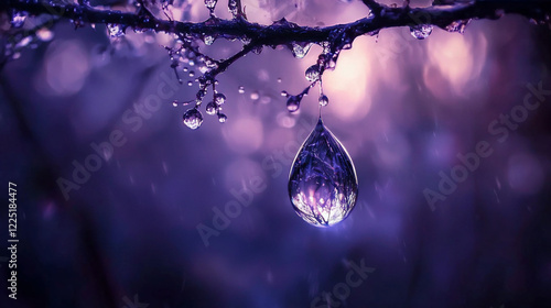 Close-up of a water droplet hanging from a branch amidst a soft-focus purple background