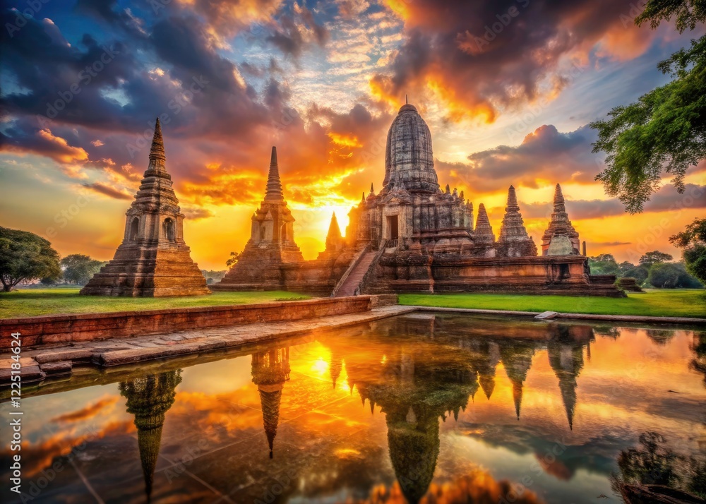 Fototapeta premium Ayutthaya's Wat Chaiwatthanaram: Sunrise paints the ancient temple, a captivating double exposure photograph.