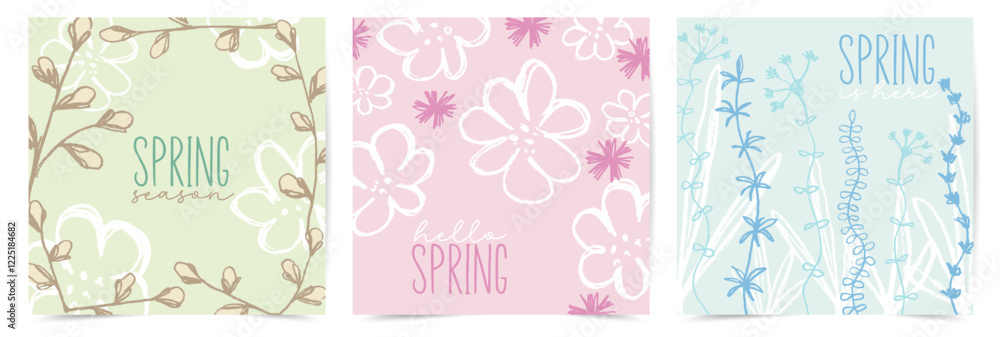 Spring floral templates set. Trendy design with spring flower, twigs and leaves Spring floral templates set. Trendy design with spring flower, twigs and leaves