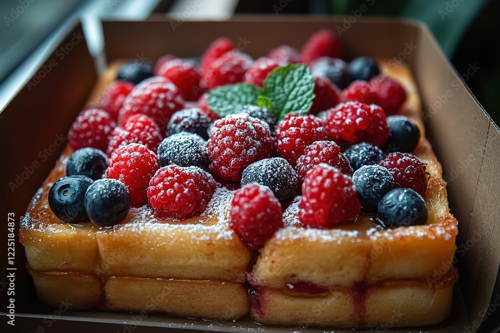 A delightful dessert: layers of sweet bread topped with fresh raspberries and blueberries dusted with powdered sugar