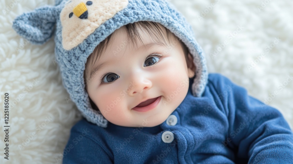 Cute baby wearing a bear-themed knit hat smiling while lying on a soft, fluffy blanket with a cozy expression. Copy Space Cute baby wearing a bear-themed knit hat smiling while lying on a soft, fluffy blanket with a cozy expression. Copy Space