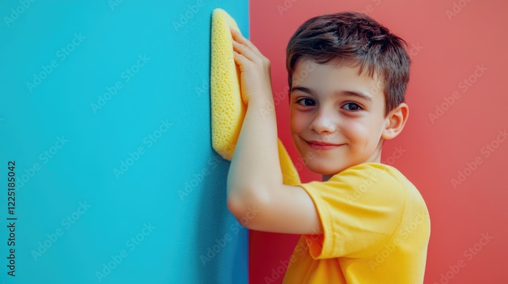 Young boy cleaning colorful walls with a sponge in a playful manner in a bright and cheerful environment Copy Space