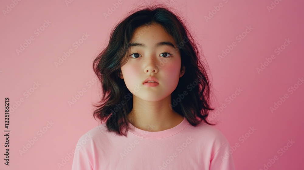 Portrait of a young girl with dark wavy hair wearing a pink shirt against a pink background Copy Space Portrait of a young girl with dark wavy hair wearing a pink shirt against a pink background Copy Space