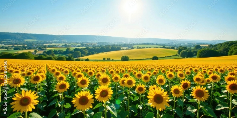Fototapeta premium Golden Sunflowers Basking in Summer's Embrace A Serene Pastoral Landscape of Rolling Hills and Abundant Blooms