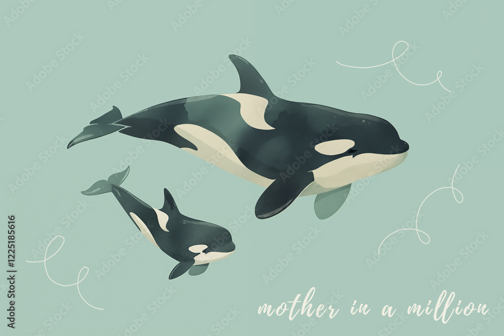 Obraz premium Sweet postcard of a mother orca with her child. Great as greeting card for Mothers Day. Ai generated.