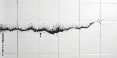 Abstract Ink Splashes and a Crack Across White Tiles A Study in Contrast and Texture