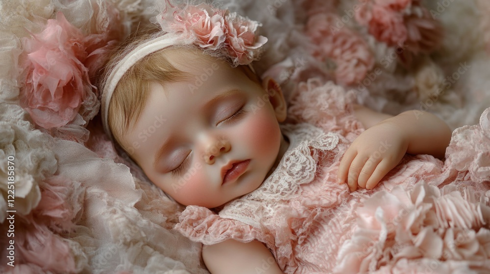Sleeping Baby Doll with Flowers in Soft Pink Fabric Background Copy Space Sleeping Baby Doll with Flowers in Soft Pink Fabric Background Copy Space