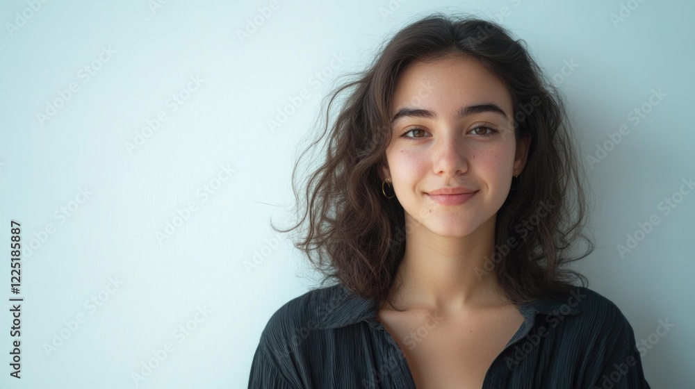Young woman with wavy hair smiling against a plain background Copy Space Young woman with wavy hair smiling against a plain background Copy Space