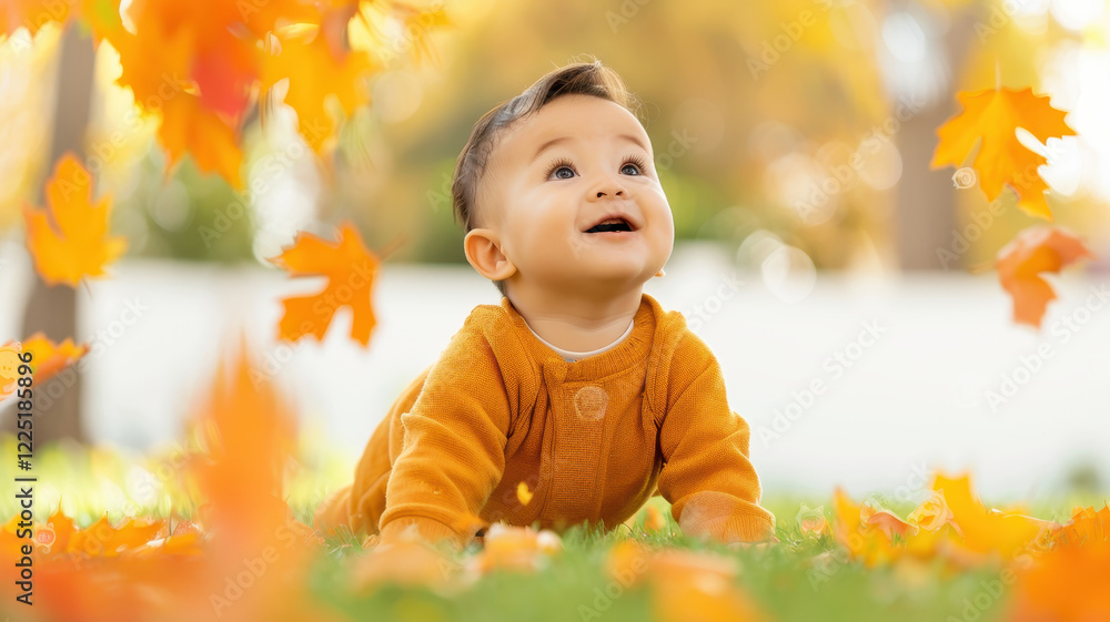 baby boy in orange sweater crawls on grassy lawn, surrounded by falling autumn leaves, looking up with joyful expression baby boy in orange sweater crawls on grassy lawn, surrounded by falling autumn leaves, looking up with joyful expression