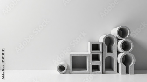 Abstract Minimalist Composition of Gray Concrete Modular Forms Against a White Wall photo