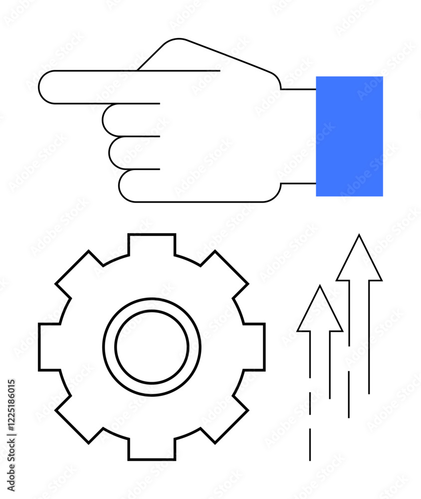 Hand with blue cuff pointing left, gear symbolizing mechanisms, and arrows denoting progress. Ideal for teamwork, leadership, strategy, innovation, productivity workflow business growth. Abstract Hand with blue cuff pointing left, gear symbolizing mechanisms, and arrows denoting progress. Ideal for teamwork, leadership, strategy, innovation, productivity workflow business growth. Abstract