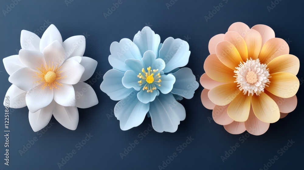 Obraz premium set of 3D rendered flowers in white, blue, yellow, and pink, designed as icons