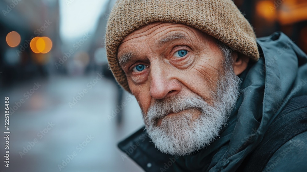 Portrait of an elderly man with blue eyes wearing a knitted hat and jacket during a cloudy day in an urban setting with bokeh background Copy Space Portrait of an elderly man with blue eyes wearing a knitted hat and jacket during a cloudy day in an urban setting with bokeh background Copy Space