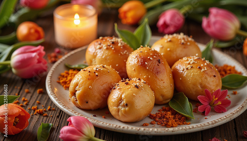 Festive platter of Samanu with tulips and candle for Nowruz celebration, Samanu Dish, Nowruz photo