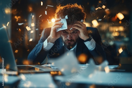 A businessperson furiously crumpling a document at their office desk, surrounded by clutter and an unfinished presentation on their laptop screen photo