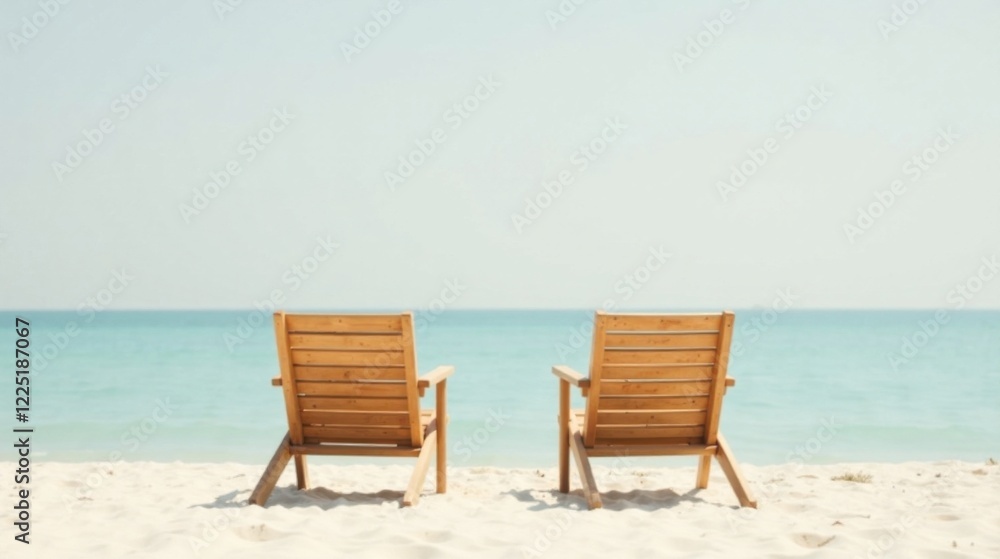 Serene Beach Scene Two Empty Wooden Chairs Facing the Calm Ocean Waters on a Sunny Day Serene Beach Scene Two Empty Wooden Chairs Facing the Calm Ocean Waters on a Sunny Day