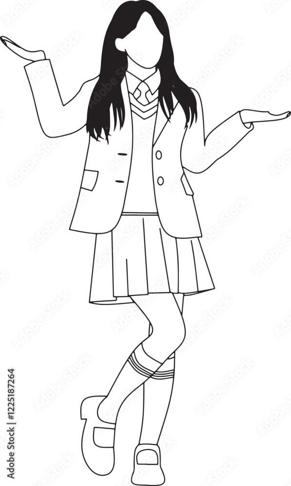 Outline drawing of a youthful female in a school uniform performing a standing pose.Ideal for educational,student or academic-themed projects,and designs requiring simple line art,minimalistic imagery Outline drawing of a youthful female in a school uniform performing a standing pose.Ideal for educational,student or academic-themed projects,and designs requiring simple line art,minimalistic imagery