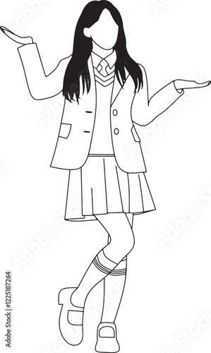 Outline drawing of a youthful female in a school uniform performing a standing pose.Ideal for educational,student or academic-themed projects,and designs requiring simple line art,minimalistic imagery