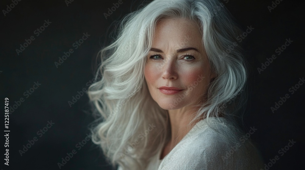 Portrait of an elegant older woman with long gray hair, soft makeup, and a gentle expression, against a dark background with Copy Space Portrait of an elegant older woman with long gray hair, soft makeup, and a gentle expression, against a dark background with Copy Space
