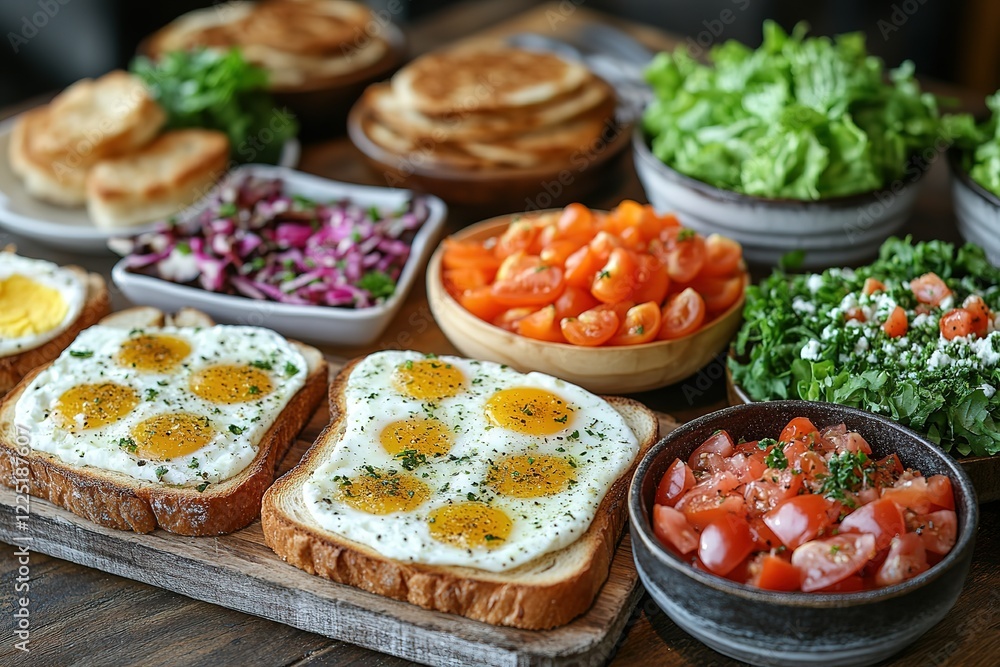 A delicious breakfast spread featuring eggs toast fresh salads and tomatoes A delicious breakfast spread featuring eggs toast fresh salads and tomatoes