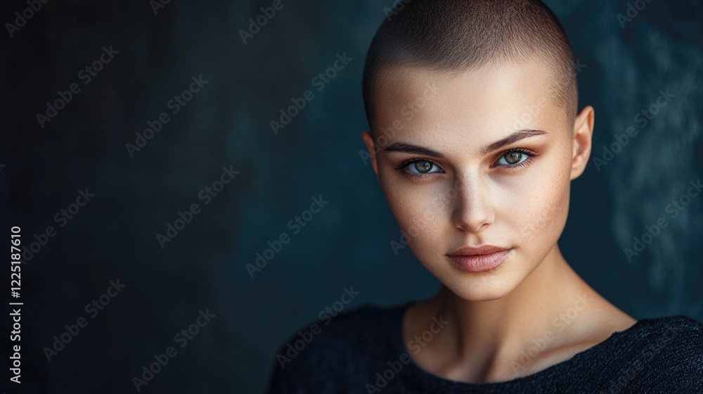 Fototapeta premium Portrait of a young woman with short hair and blue eyes against a dark background with Copy Space for text