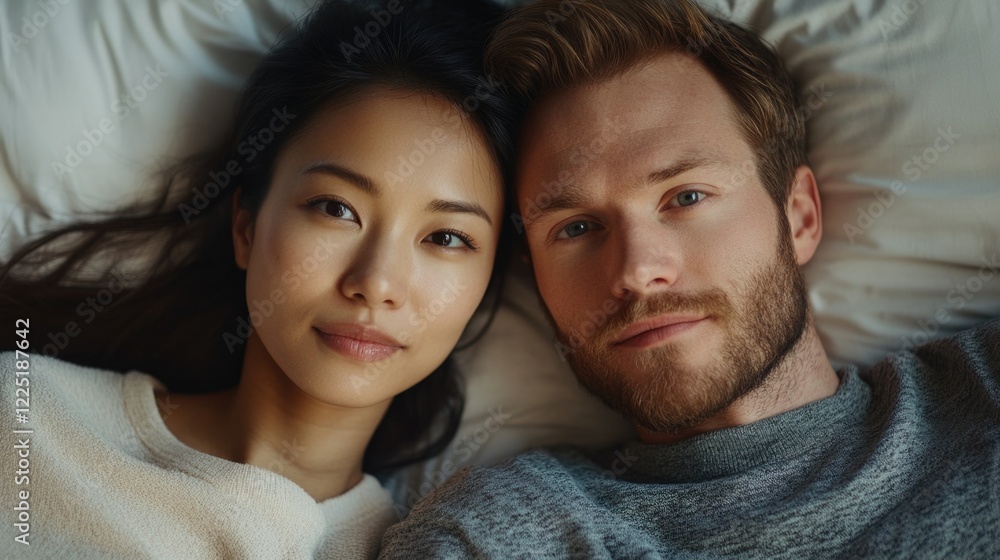 Portrait of a couple lying on a bed smiling at the camera with soft lighting and neutral clothing, copy space for text. Portrait of a couple lying on a bed smiling at the camera with soft lighting and neutral clothing, copy space for text.