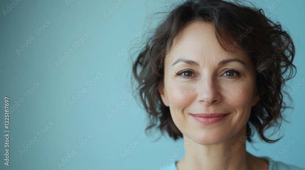 Close-up portrait of a smiling middle-aged woman with short curly hair against a light blue background Copy Space Close-up portrait of a smiling middle-aged woman with short curly hair against a light blue background Copy Space