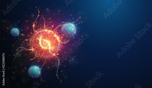 Abstract illustration of cancer cell with DNA helix among healthy cells made of glowing neon particles. Blue geometric background on cancer disease genome analysis medical concept with copy space