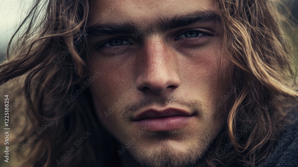 Close-up portrait of young man with long wavy hair and intense gaze against blurred natural background Copy Space Close-up portrait of young man with long wavy hair and intense gaze against blurred natural background Copy Space