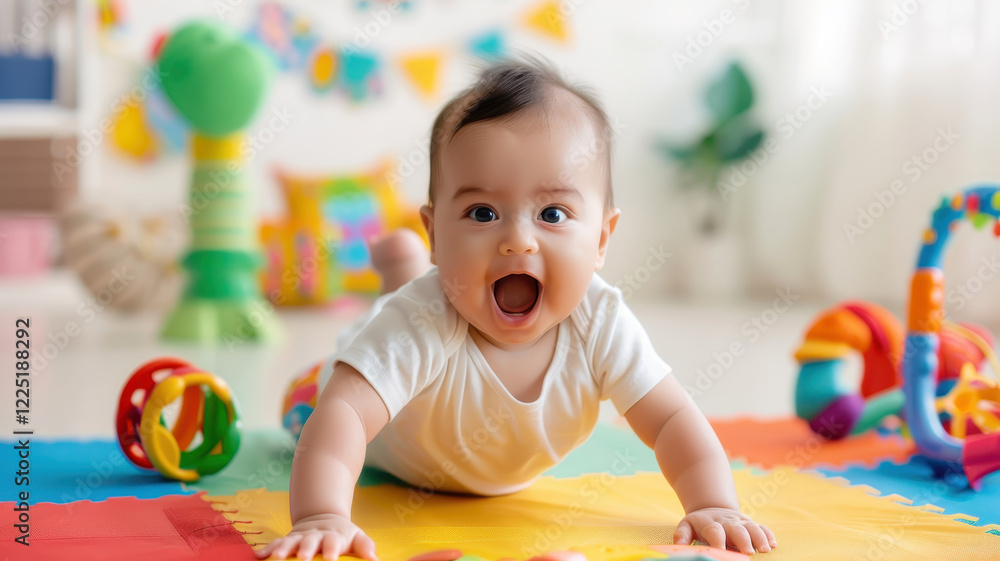 Obraz premium Baby crawling on vibrant play mat with joyful expression, surrounded by colorful toys in bright room