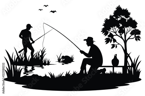 Hand drawn fly fisherman silhouette illustration