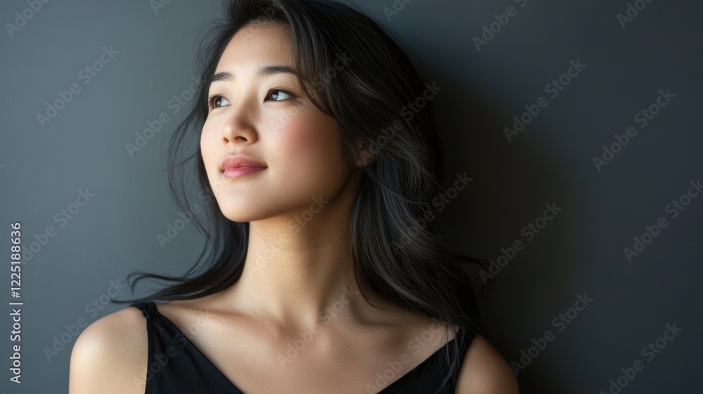 Naklejka premium Portrait of a young woman with long hair looking thoughtfully to the side against a dark background Copy Space