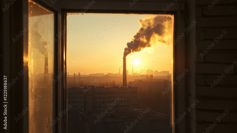 Window view of the factory emits toxic smoke that shines in the sun. Window view of the factory emits toxic smoke that shines in the sun.