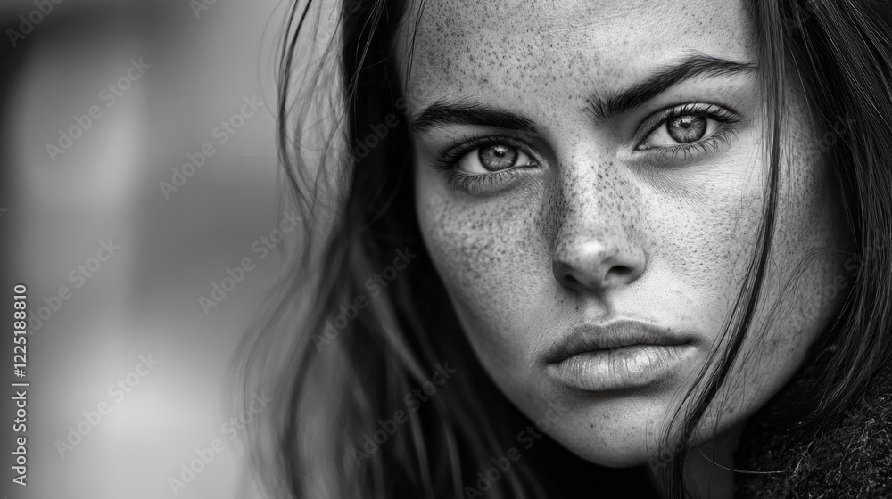 Black and white close-up portrait of a young woman with freckles and intense gaze looking at the camera Black and white close-up portrait of a young woman with freckles and intense gaze looking at the camera