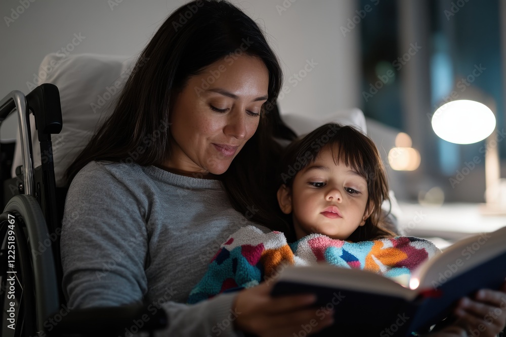 Obraz premium A mother and her child cuddle together while reading a book at night, creating a warm and tender atmosphere filled with love, connection, and bonding moments.