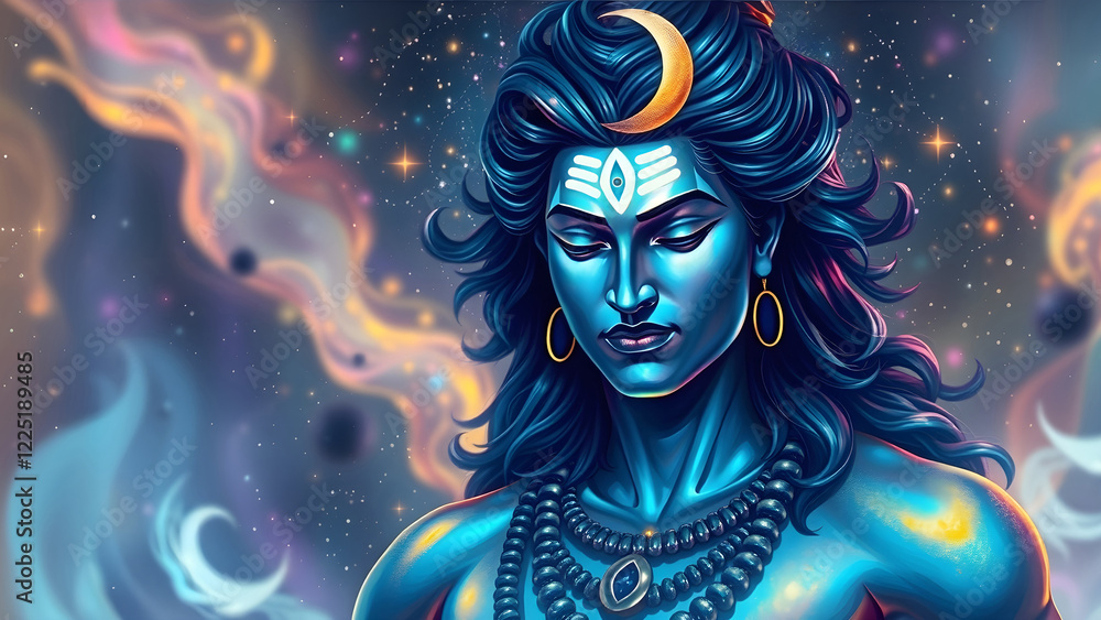 Fototapeta premium Hindu God Shiva with a crescent moon on his head, glowing blue skin, adorned with jewelry, and surrounded by cosmic energy and stars