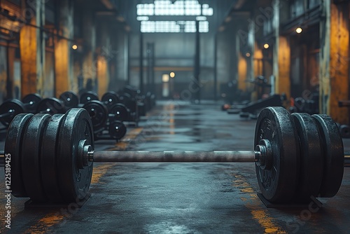 A heavy barbell rests on a wet floor in a dimly lit industrial gym Rows of weights line the walls