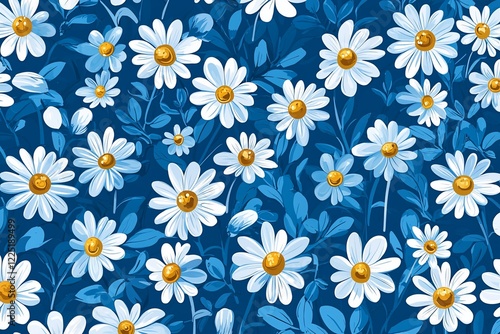 Wallpaper Mural A vibrant floral pattern featuring white daisies with golden centers against a deep blue background Torontodigital.ca