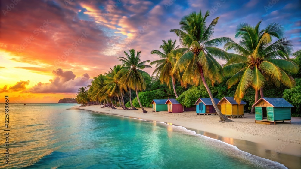 A serene palm tree-lined beach at sunset with turquoise waters and white sand, surrounded by lush greenery and a few colorful beach huts, white sand, palm trees A serene palm tree-lined beach at sunset with turquoise waters and white sand, surrounded by lush greenery and a few colorful beach huts, white sand, palm trees