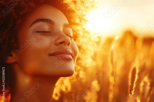 A close-up of a person face with a radiant smile, their eyes closed and expression full of pure joy, captured under natural sunlight