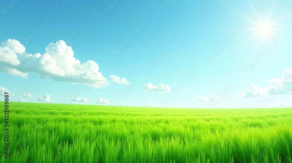 Vibrant Green Meadow Under a Sunny Sky with Puffy Clouds A Serene Pastoral Landscape Image Vibrant Green Meadow Under a Sunny Sky with Puffy Clouds A Serene Pastoral Landscape Image