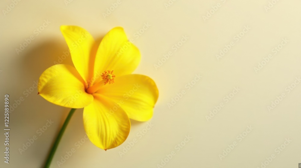 Fototapeta premium A Vibrant Yellow Flower on a Pale Background, a Delicate Blossom with Soft Petals and a Subtle Stem, Displaying Natural Beauty and Simplicity